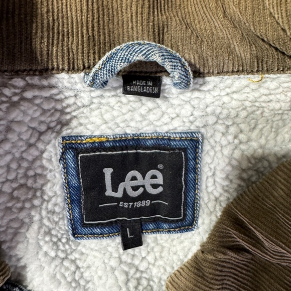 Lee Denim Jacket Mens L Faux Fur Linen Collared Jean Pockets Warm Button Up - Picture 3 of 10